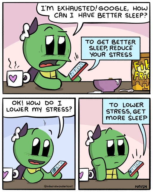 Admiral is on his phone at breakfast.
Admiral: I'm exhausted! Google, how can I have better sleep?
Google: To get better sleep, reduce your stress
-
Admiral: Ok! How do I lower my stress?
-
Google: To lower your stress, get more sleep