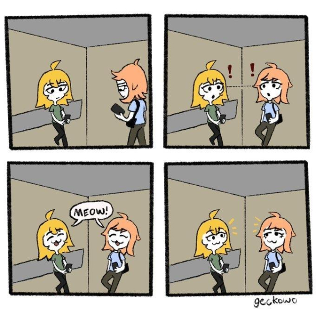 Four panel comic by geckowo. 
First panel shows two people on their phones while in an elevator. 
Second panel shows them noticing each other with explanation marks❗
Third panel, they both meow simultaneously.
Final panel shows them smiling with a cat face.