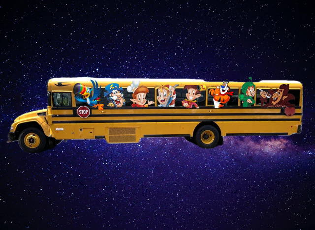 A school bus floating in space with cereal mascots in/on it: Froot Loops Toucan, Captain Crunch, Snap, Crackle, and Pop, Tony the Tiger, Lucky Charmes Leprechaun, and Count Chocula