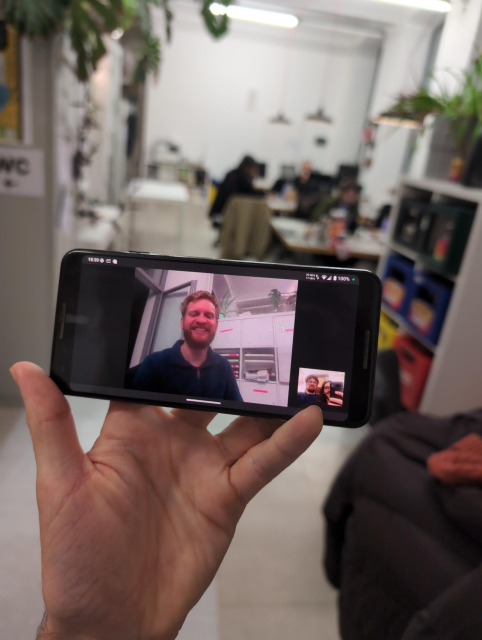 Android phone running Dino, showing off a working video call.