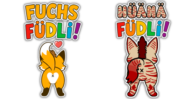 Ein Fuchs und eine Streifenhyäne. Beide heben die Rute an und präsentieren, katzentypisch, ein x-Po. Darüber steht "Fuchs Füdli" resp "Hüänä Füdli", also Berndeutsch für Fuchshintern resp. Hyänenhintern.