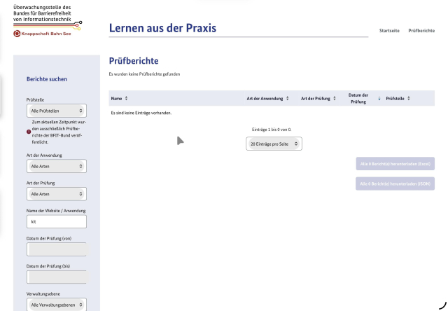 Das Prüfberichte-Portal der BFIT-Bund mit dem Suchbegriff „kit“. Es wurden keine Prüfberichte gefunden.