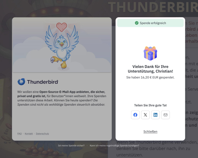 ielen Dank für Ihre Unterstützung, Christian!". Below that, it states "Sie haben 16,20 € gespendet." The message also includes social media sharing icons for Facebook, XING, and Email, and a button labeled "Schließen." At the bottom of the screenshot, there are links for "FAQ," "Kontakt," and "Datenschutz," as well as the text “Ist meine Spende sicher? Kann ich meine Spende kündigen?".