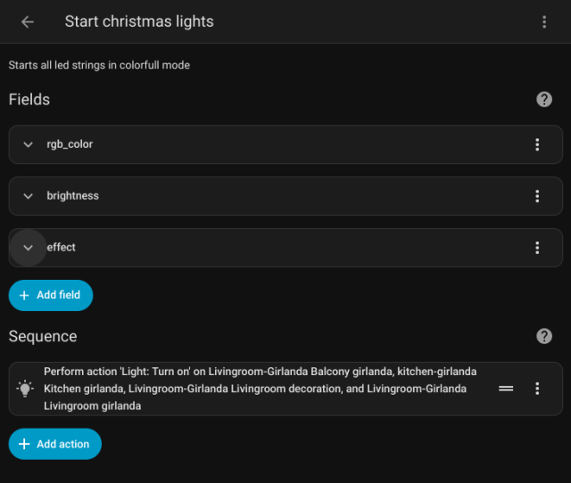 Home assistant script to set color, brightness and effect on all addressable LED girlandas at once