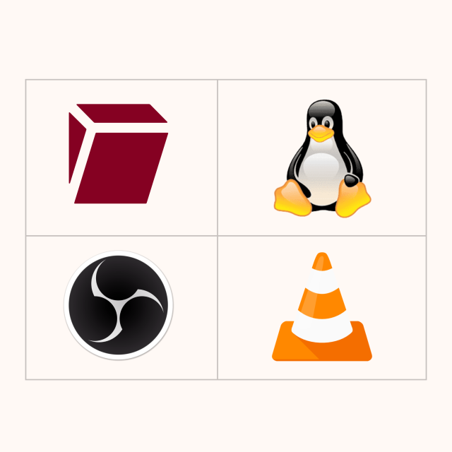 Image with 4 logos: Tuta, Linux, OBS, VLC
