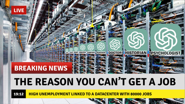 A fake Breaking News image:

Breaking News
The reason you can’t get a job
High unemployment linked to a datacenter with 80000 jobs

Backgound image: racks and racks of computer hardware inside a datacenter, labelled: Cop, Chef, Poet, Writer, Lawyer, Teacher, Doctor, Historian, Psychologist. There’s a ChatGPT logo above each label.