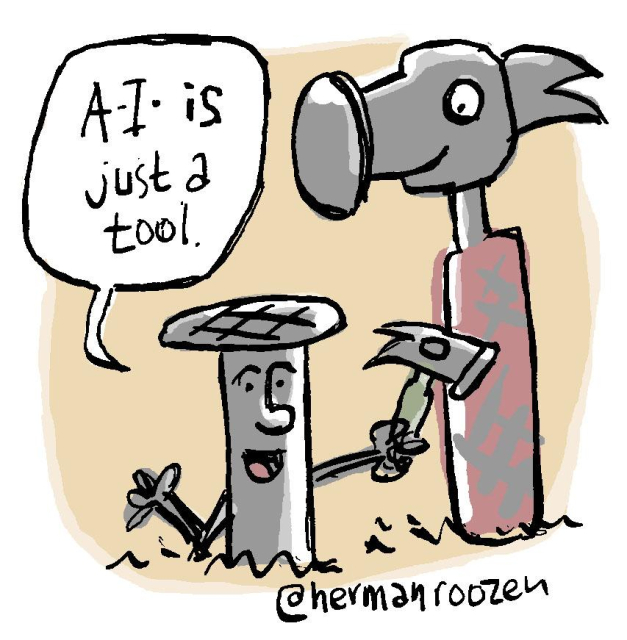 A nail holding a small hammer saying: "A.I. is just a tool." Meanwhile a much bigger hammer is standing behind the nail and looking at it.