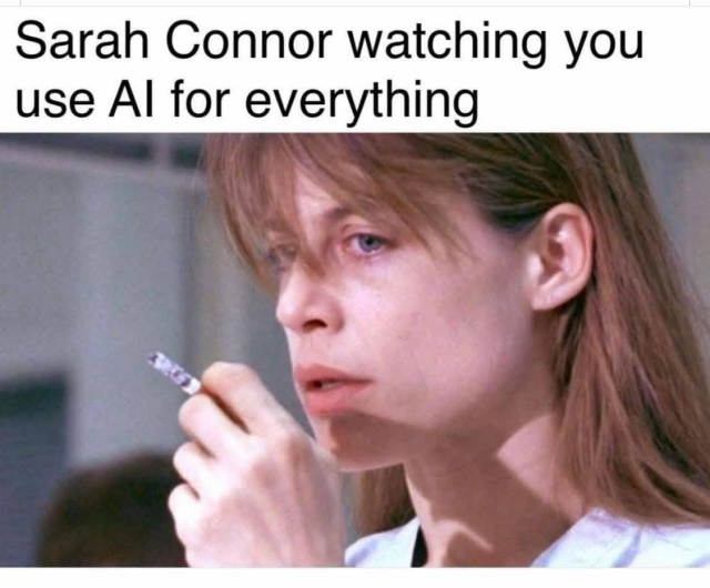 Meme from Terminator 2, Sarah Connor is smoking a cigarette with a glare in her expression. Caption reads:
Sarah Connor watching you use Al for everything