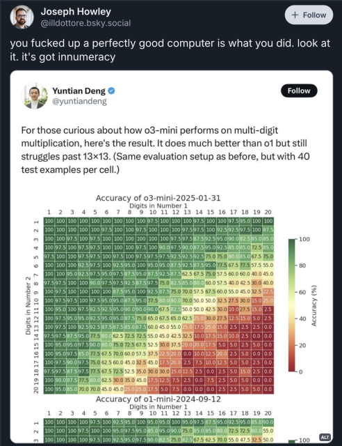 skeet stating “you fucked up a perfectly good computer is what you did. look at it. it's got innumeracy”. It is responding to a skeet of a heat map of multiplication mistakes by an LLM. 