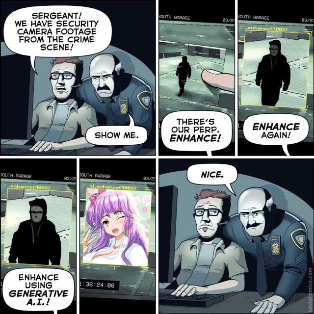 A cartoon of a police technician and police officer looking at security footage.
Panel 1:
Technician: “Sergeant! We have security camera footage of the crime scene!”
Sergeant: “Show me”

Panel 2:
Sergeant: “There’s our perp. Enhance!”

Panel 3:
Sergeant: “Enhance again!”

Panel 5:
Sergeant: “Enhance using generative AI”

Panel 6: The image of the perpetrator has been replaced with a buxom anime woman with purple hair, smiling at the camera

Panel 7:
Sergeant: “Nice.”