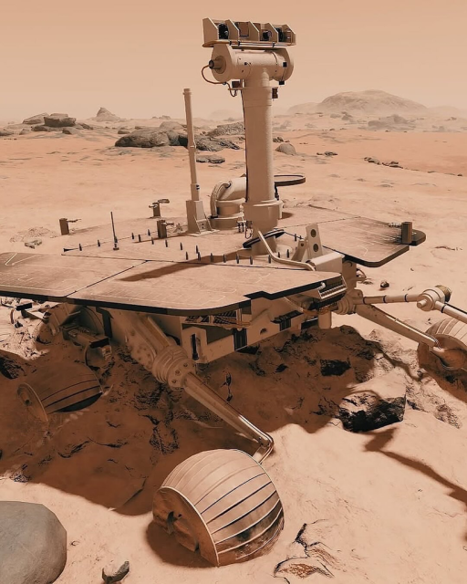 A high-angle rendering of a Mars rover, on the reddish-orange, rocky surface of Mars. The rover is slightly embedded in the sand, showing its solar panels, large multi-sectioned wheels, and the mast with cameras and scientific instruments against a backdrop of distant hills under a dusty sky.