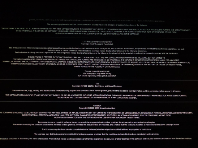 Hideo Kojima's Death Stranding (PS4) "Open source licenses" page, showing multiple FOSS libs, including LZ4/Fast LZ ans Trio libraries