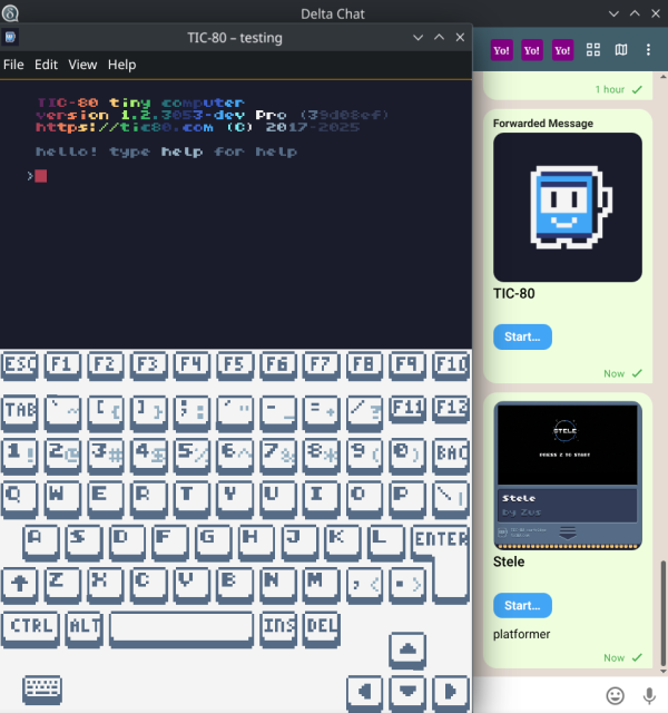 screenshot of delta chat with TIC-80 open as a webxdc