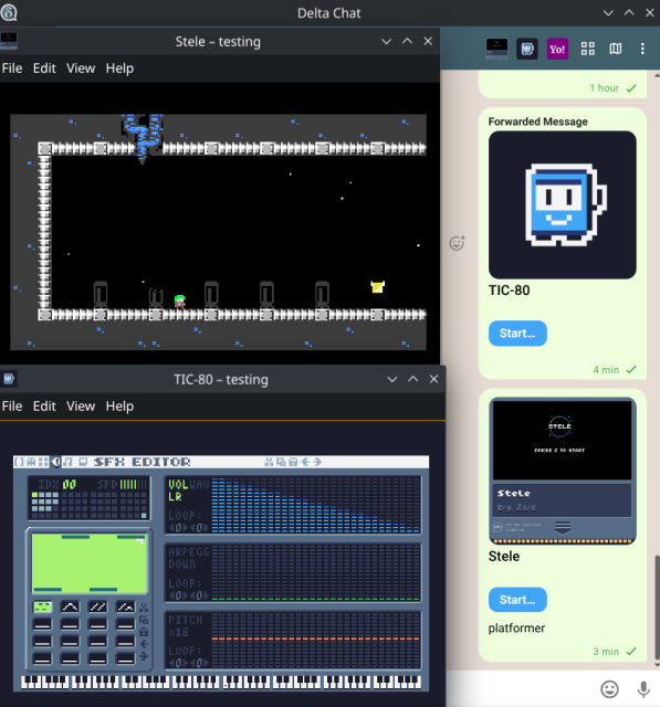 screenshot of TIC-80 as webxdc app inside delta chat, in the image you can see a TIC-80 game open and some TIC-80 tools