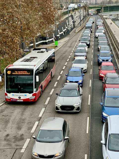 Das Foto zeigt links einen Linienbus und rechts eine zwei spurige Autokolonne 