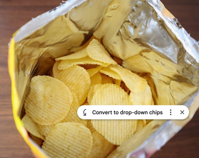 An open foil bag of potato chips (or ‘crisps’ in the UK), with a Google Sheets LLM prompt overlaid, saying “Convert to drop-down chips”.