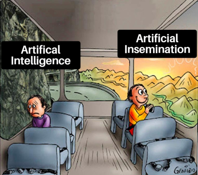 The bus meme, with a sad person looking at a rock wall, labeled "Artificial Intelligence", and a happy man looking out at the scenery, labeled "Artificial Insemination"