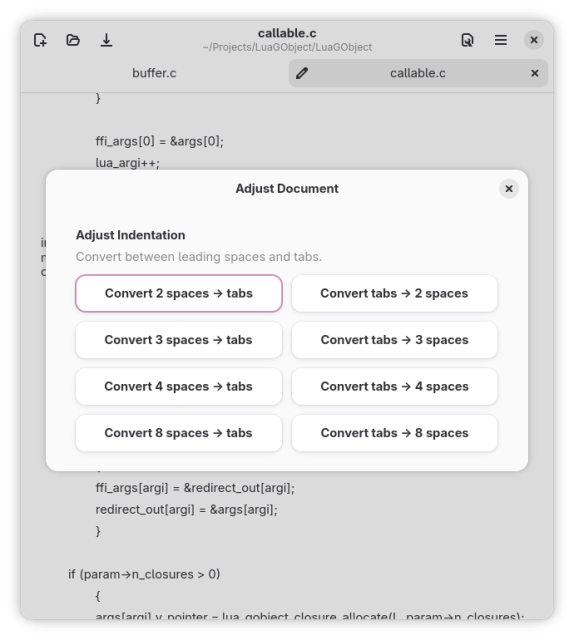 A dialog for adjusting tabulation in source code, converting from leading tabs to various amounts of space characters, and vice-versa.