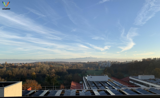 panoramic view from the University of Konstanz towards southeast. On the horizon the peak of mount Säntis, Switzerland, can be seen