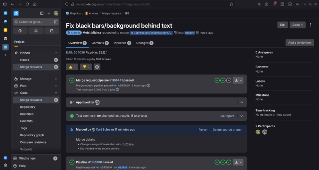 A screenshot of a dark-themed software development platform (likely GitLab or a derivative) showing a successful "Merge request" titled, "Fix black bars/background behind text." The merge request, by Mohit Mishra, has been approved, all pipeline tests passed, and it was merged into the master branch by Carl Schwan 17 minutes ago. Key sections visible include Overview, Commits, Pipelines, Changes, and the successful pipeline status and merge details.
