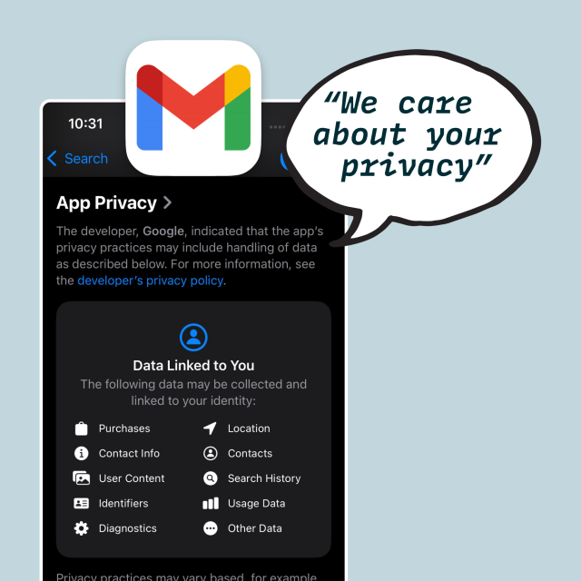 Screenshot of the App privacy info of the Gmail app with speech bubble:
"We care about your privacy"
