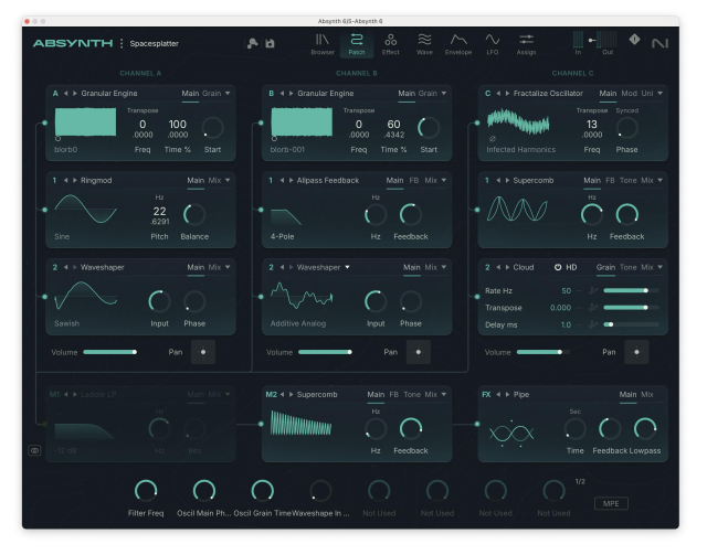 Absynth 6 UI with Granular Engines, Fractize Oscillator selected, Supercomb and Pipe, bright mint green on sea green UI.