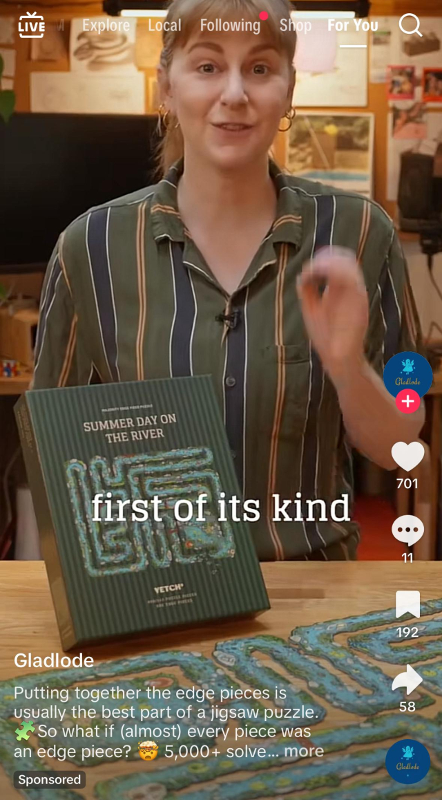 TikTok screenshot of Simone Giertz video for her edge piece puzzle, but a sponsored ad by "Gladlode"