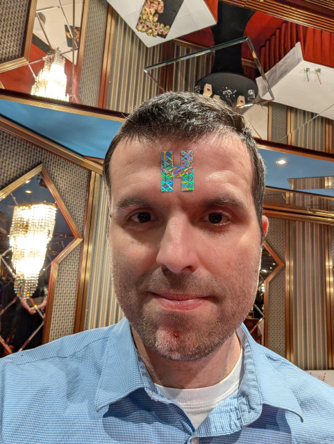 A selfie of a man with an H mark on his forehead like the hologram character in Red Dwarf sitcom.