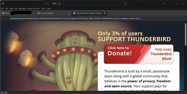 Thunderbird client with a new tab showing the message “Only 3% of users SUPPORT THUNDERBIRD” and a giant donate button.