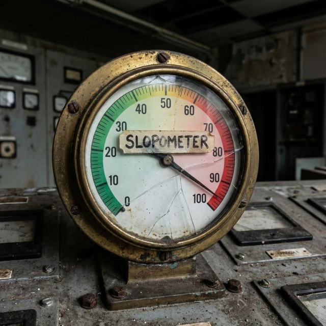A gauge meter seemingly from an old nuclear plant, showing a scale from 0 to 100, green to red, with the needle indicating almost maximum level. On the gauge there is a single label saying "slopometer"