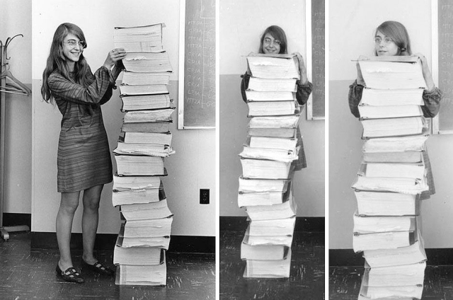 A black and white triptych featuring Margaret H. Hamilton, Apollo computer programmer, standing next to a precarious stack of paper printouts as tall as she is