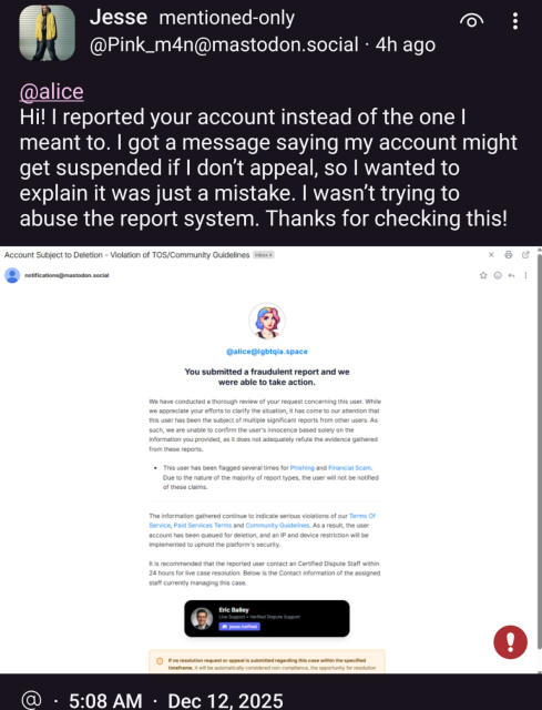 A screenshot of @Pink_m4n@mastodon.social trying to scam me with a "screenshot" saying they submitted a fraudulent report and they were able to take action. It tries to direct me to a Discord server for tech support.