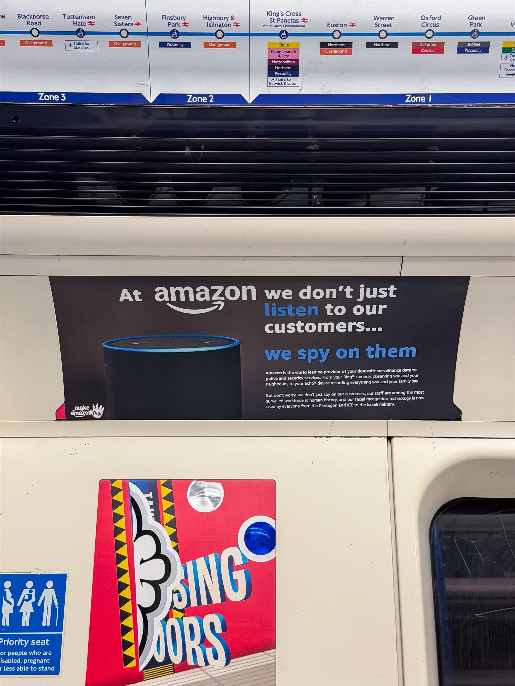 Brandalism ad on Amazon. "We don't just listen to our customers... we spy on them"