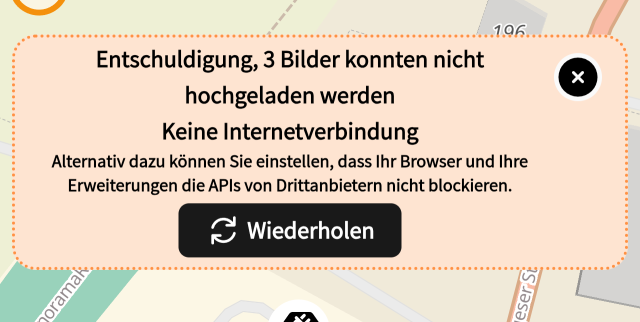 Fehlermeldung aus der MapComplete APP die besagt, dass drei Bilder nicht hochgeladen werden konnten.