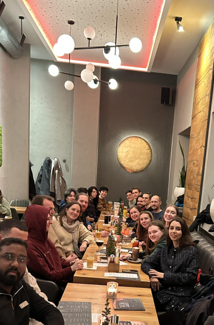 The whole Tuta team smiling at their year end dinner. 