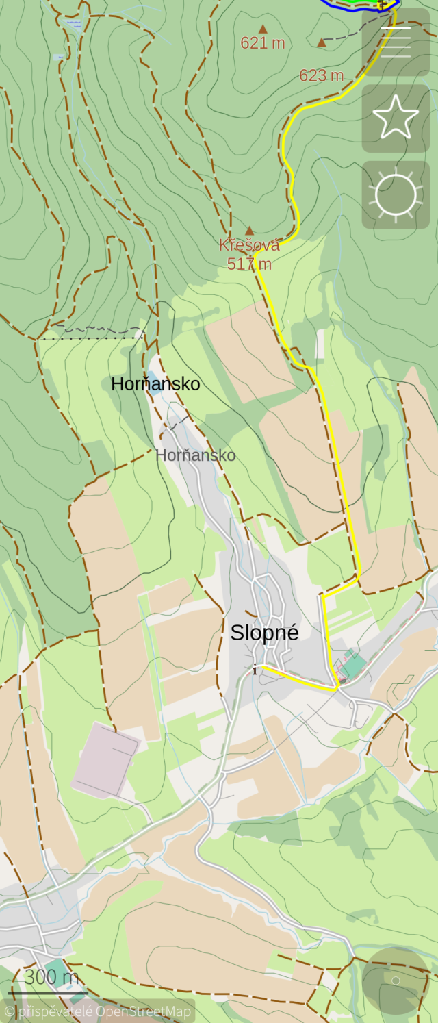 OSM Scout outdoor map of Slopné, and its neighborhood.