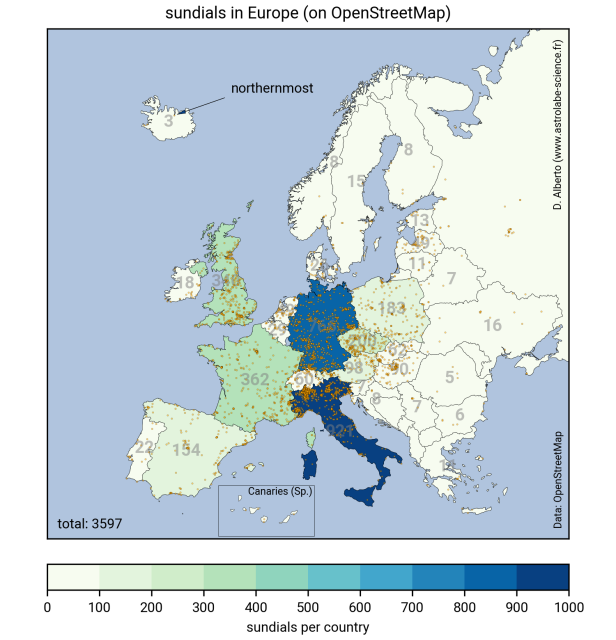 A choropleth map of Europe with sundials as orange dots, and number of sundials per coutry. Top 3 are Italy, Germany, France.