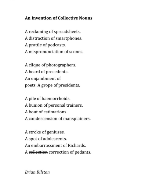 An Invention of Collective Nouns
 
A reckoning of spreadsheets.
A distraction of smartphones.
A prattle of podcasts.
A mispronunciation of scones.
 
A clique of photographers.
A heard of precedents.
An enjambment of
poets. A grope of presidents.
 
A pile of haemorrhoids.
A bunion of personal trainers.
A bout of estimations.
A condescension of mansplainers.
 
A stroke of geniuses.
A spot of adolescents.
An embarrassment of Richards.
A collection correction of pedants.


Brian Bilston
