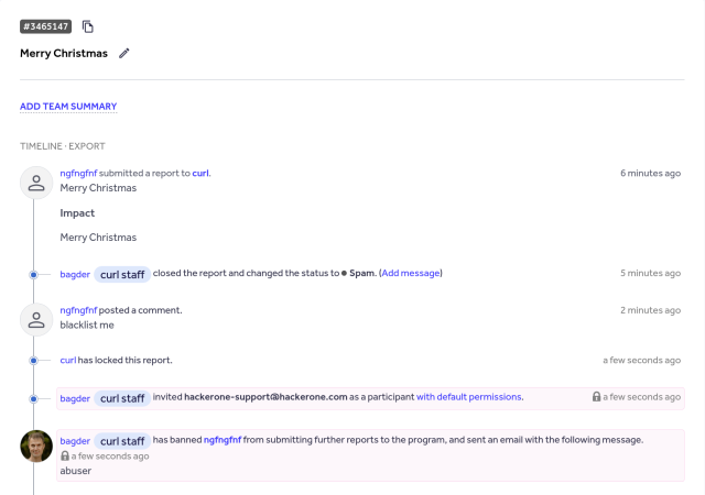User submitting "merry Christmas" on Hackerone then asking to get "blacklisted"