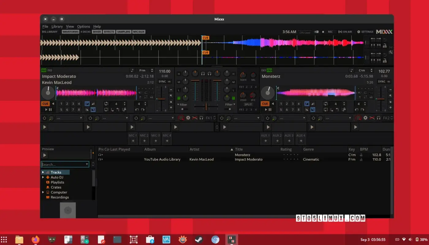 Screenshot of Mixxx showing the main window while mixing two audio tracks.