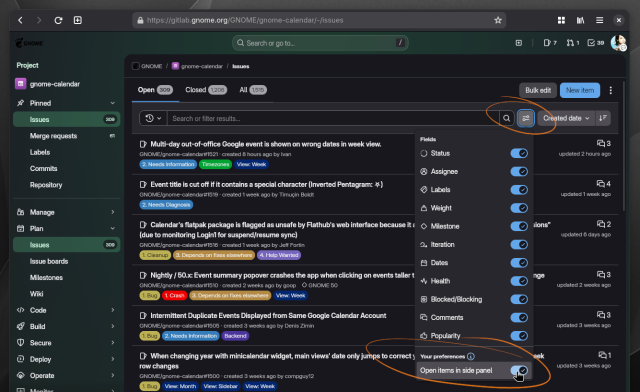 Screenshot of GNOME's GitLab instance showing GNOME Calendar's issues tickets list, with the "Display options" menu open after clicking its icon-only button. At the bottom of that menu, there is an "Open items in side panel" toggle item that can be switched off. You're welcome.