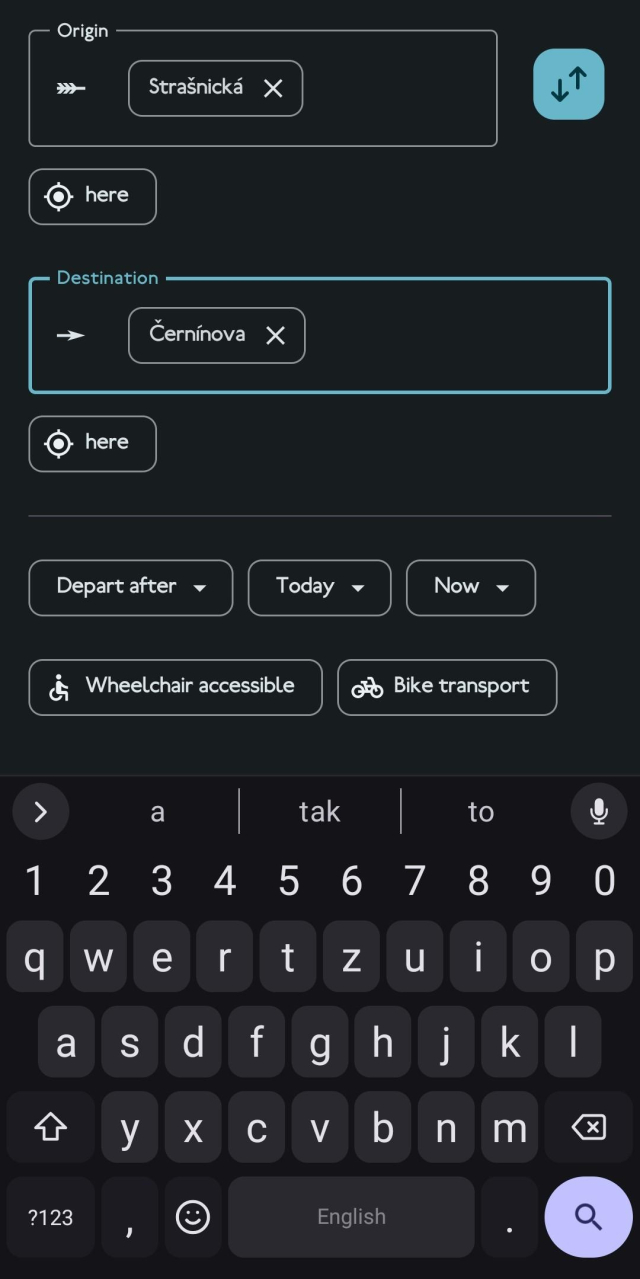 App screen for entering origin and destination points. 