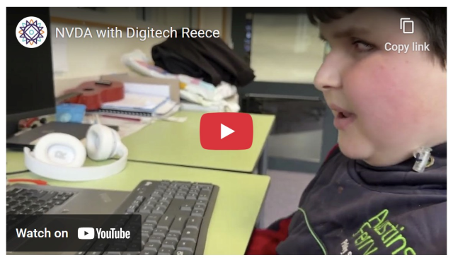 Screenshot of YouTube cover image for NVDA with Digitech Reece video, showing Reece working at his computer, with "Watch on YouTube" and play buttons visible)