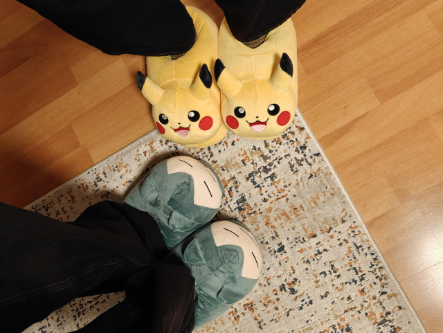 Picture of pokemon shaped slippers of Pikachu and Snorlax