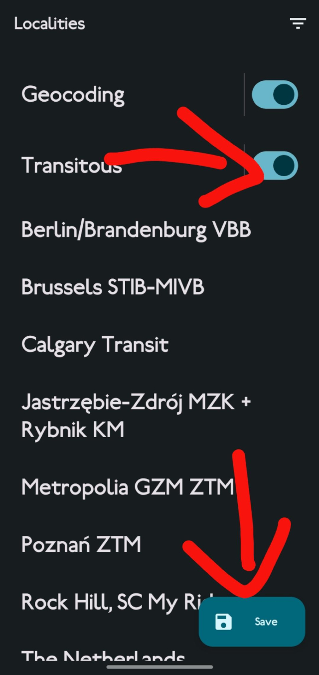 Enable transitous, tap on save button