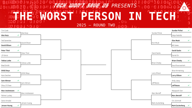 Bracket of contestants in round two of the Worst Person in Tech