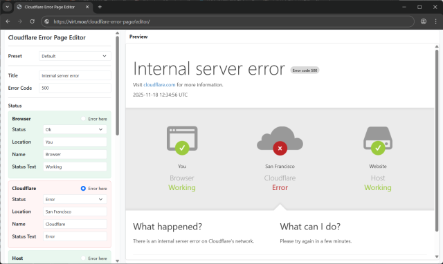Editor to generate a fake internal server error page complete with You, Cloud, Server in red and green