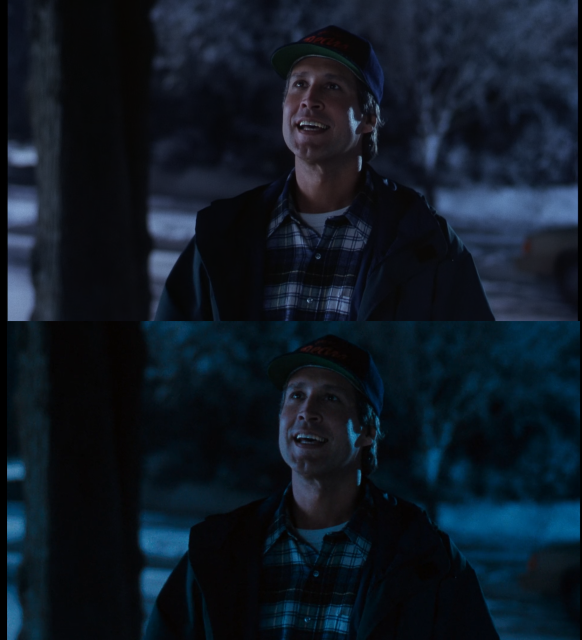 Two shots of a still from National Lampoon's Christmas Vacation, of Clark Griswald looking up with his mouth open; the top one looks reasonably lifelike, the bottom one has vividly blue snow and purple skin
