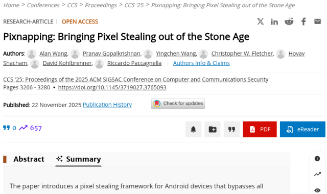 Screenshot from the "premium" version of the ACM Digital Library site page for the Pixnapping paper (ACM CCS 2025), showing an AI-generated summary instead of the paper abstract.
