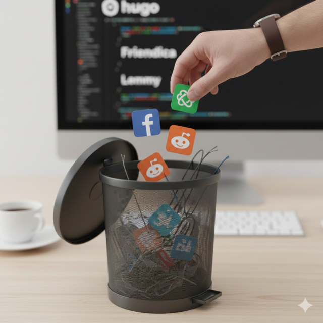 A hand decisively drops the Facebook, Matrix, and Reddit logos into a desk-side trash can, while a computer monitor in the background displays a Hugo project with the names Friendica and Lemmy.